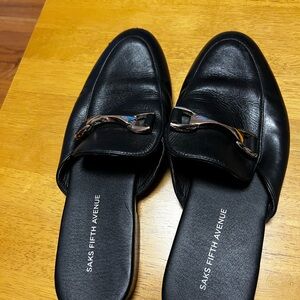 Saks Fifth Avenue Black Leather Mules with Silver Accents